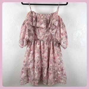 LUSH Pink Floral Ruffle Cold Shoulder Mini Dress Women's Size L